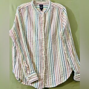 Gap Crinkle Gauze Metallic Rainbow Shirt Womens Size L Button Up Preppy Pastel